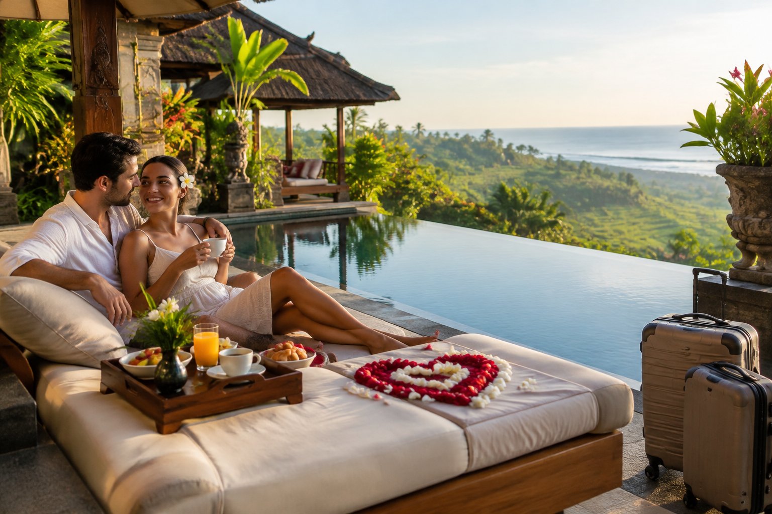 A newlywed couple relaxes beside a resort pool surrounded by tropical greenery.