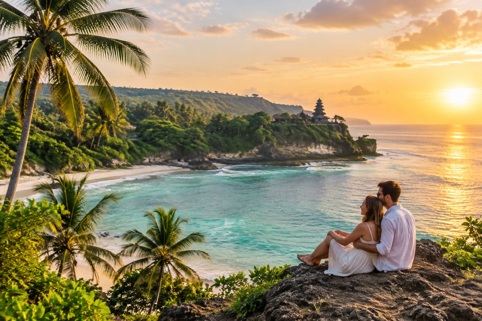 A couple shares a quiet moment on a tropical Bali beach with green hills in the distance.