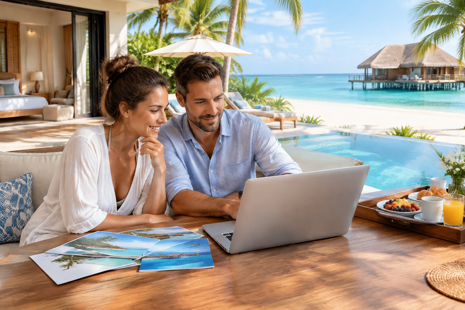 A couple compares honeymoon options on a laptop at a tropical resort terrace.