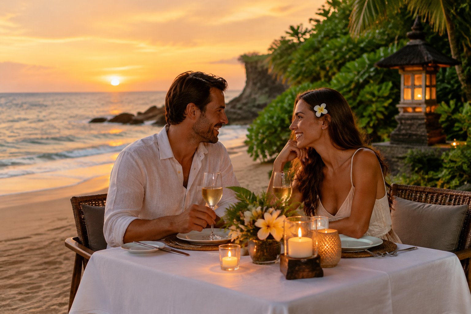 A couple shares a candlelit dinner on a tropical beach at sunset.