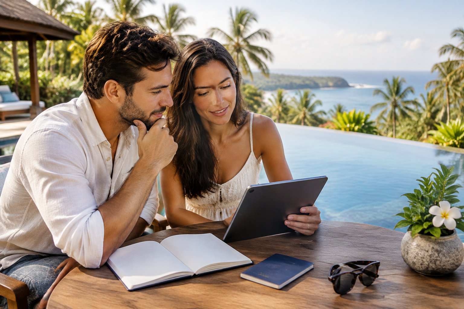 A couple plans their honeymoon at a tropical Bali resort.