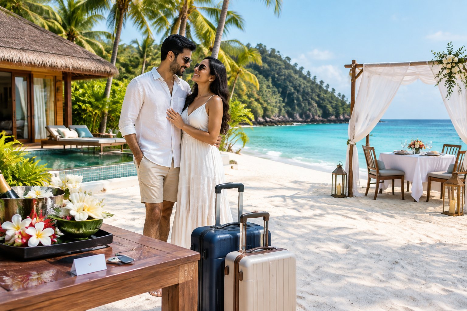 A couple enjoys a beachside resort with a romantic dinner setup in the Andaman Islands.