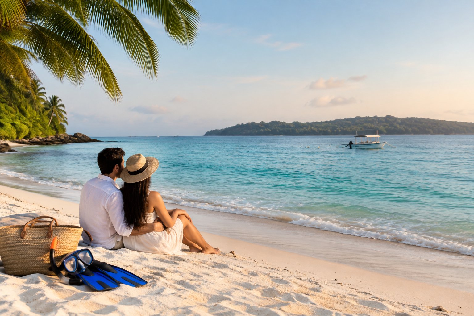 A couple stands together on a tropical beach overlooking turquoise water.