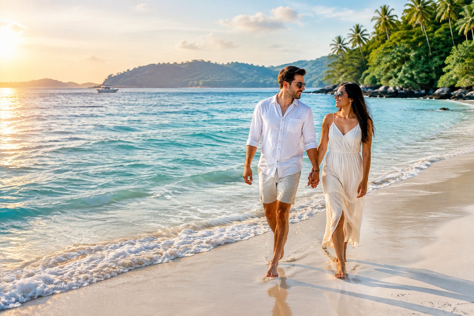 A couple walks hand in hand along a tropical beach with turquoise water.