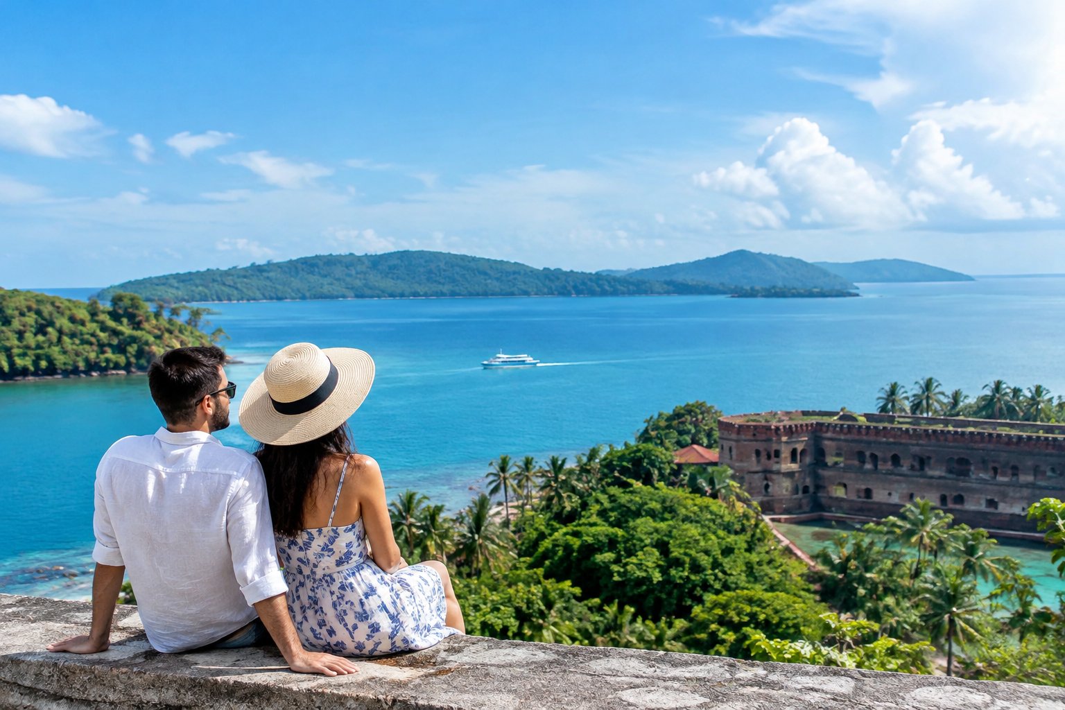 A couple looks out over the turquoise sea and green islands near Port Blair.