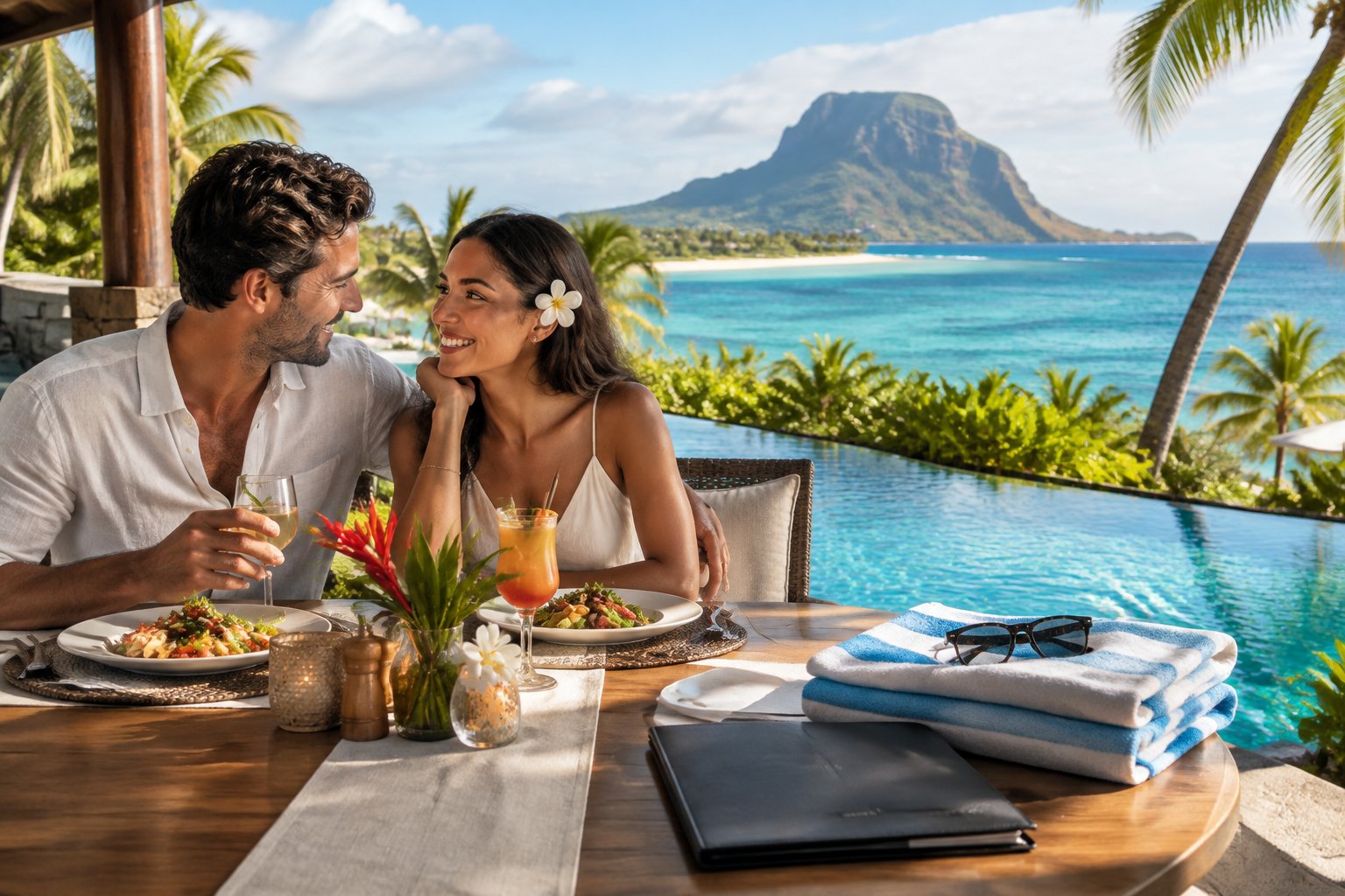 A couple shares dinner on a terrace overlooking a tropical lagoon in Mauritius.