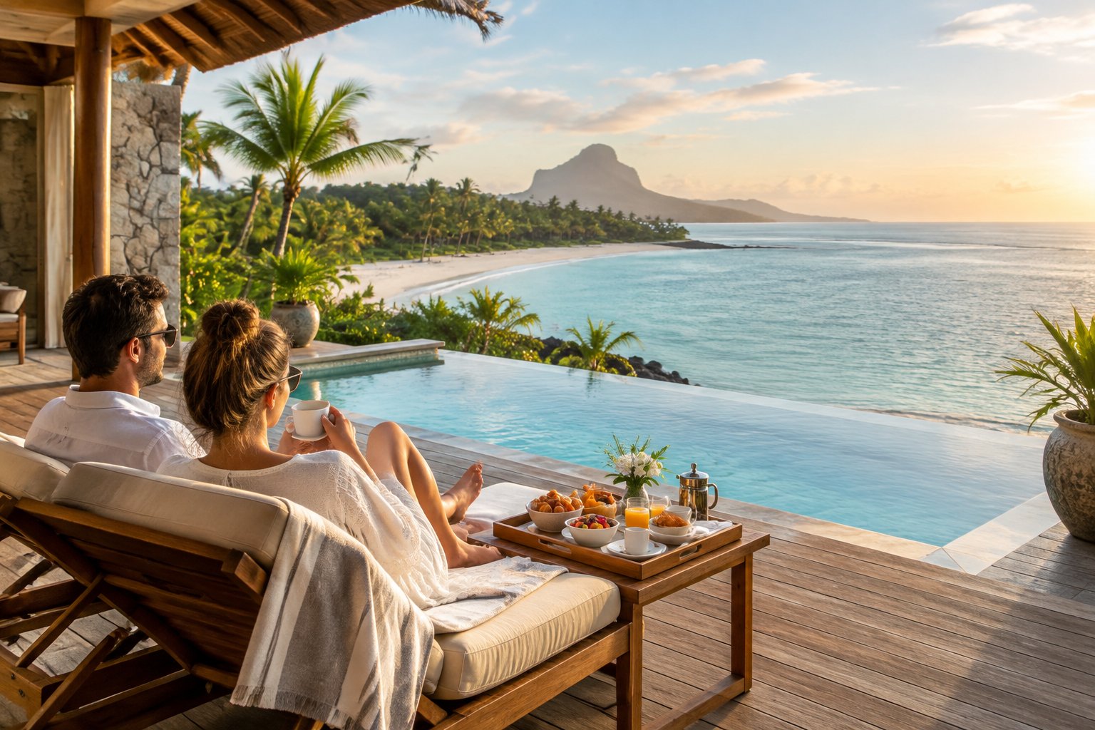 A couple relaxes on a resort terrace overlooking a pool and the turquoise sea.