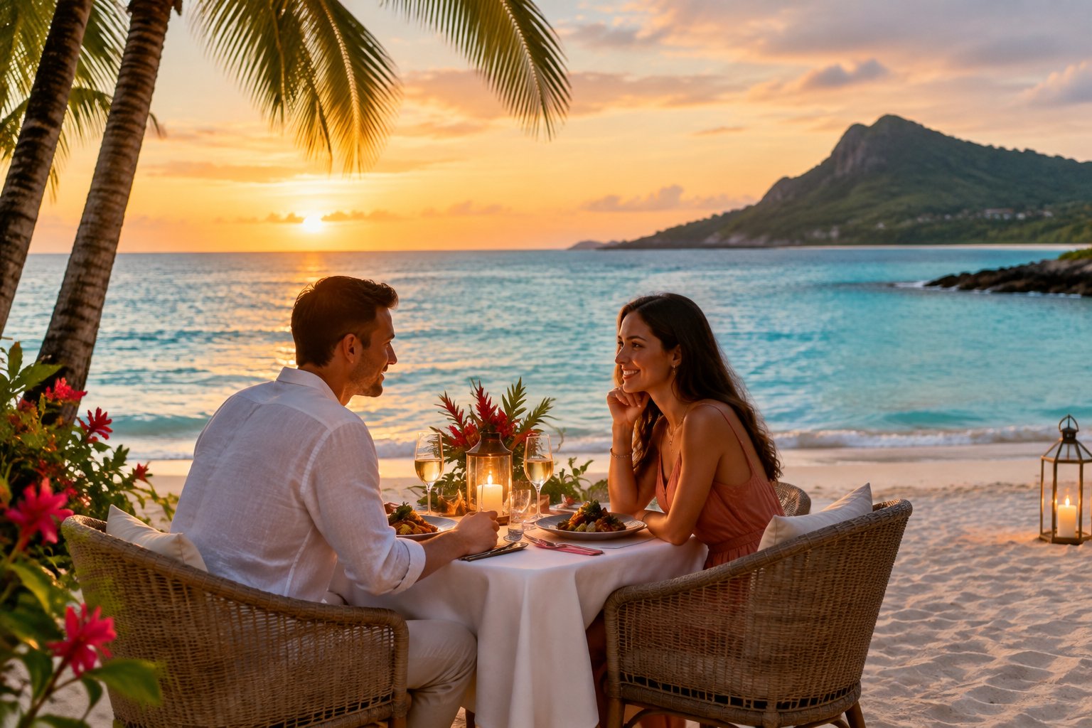 A couple shares a candlelit dinner on a tropical beach at sunset.
