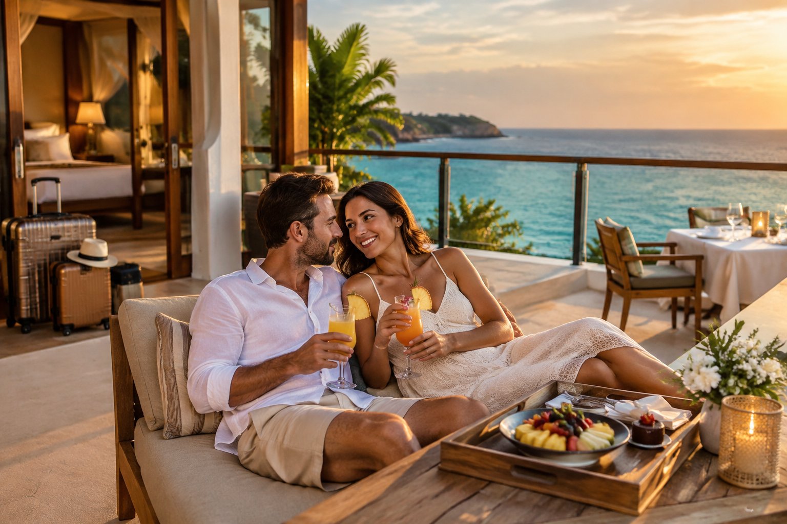 A newly married couple relaxes on a resort terrace overlooking the sea.