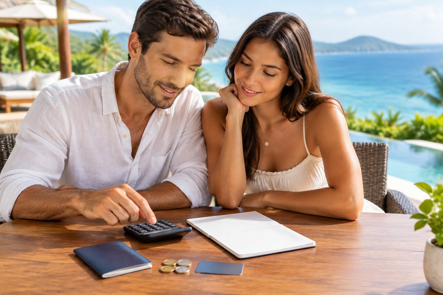 A newlywed couple reviews travel-planning items at a resort terrace.