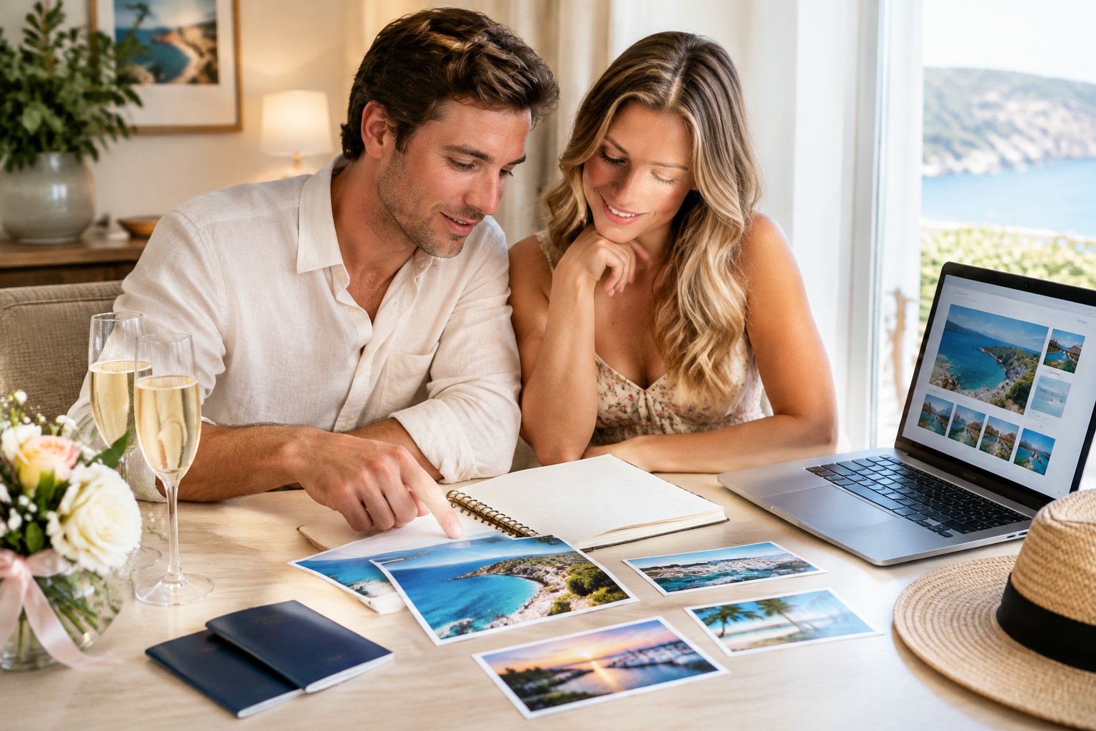 A couple reviews travel options together while planning a honeymoon.