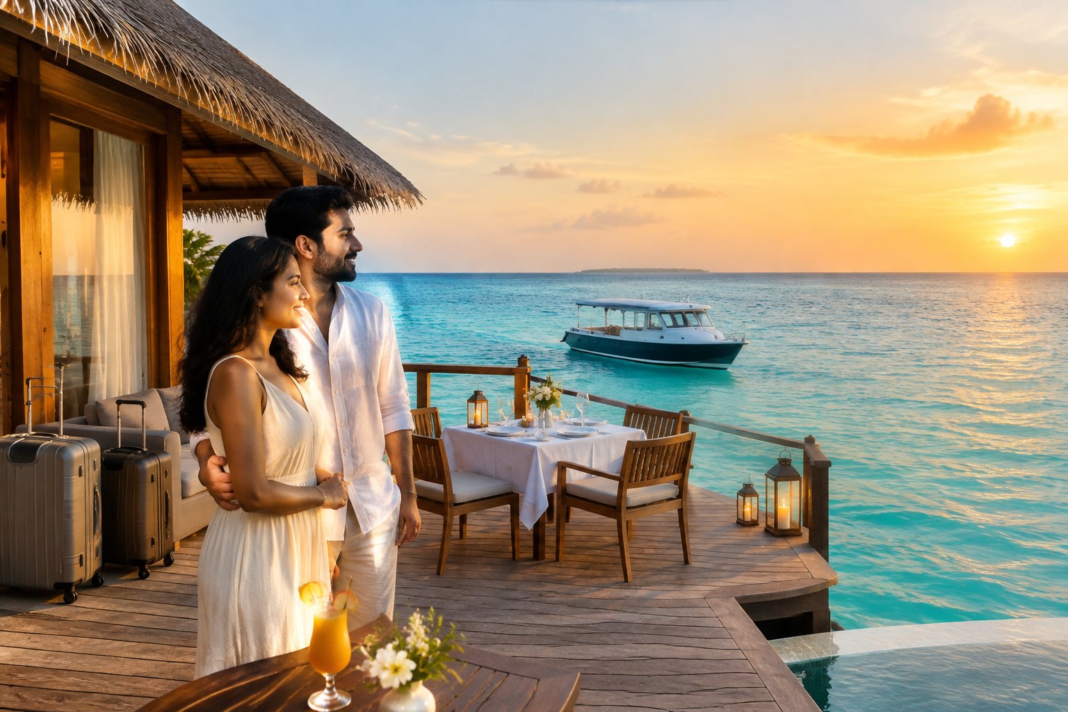 A newlywed couple relaxes on an overwater villa deck in the Maldives.