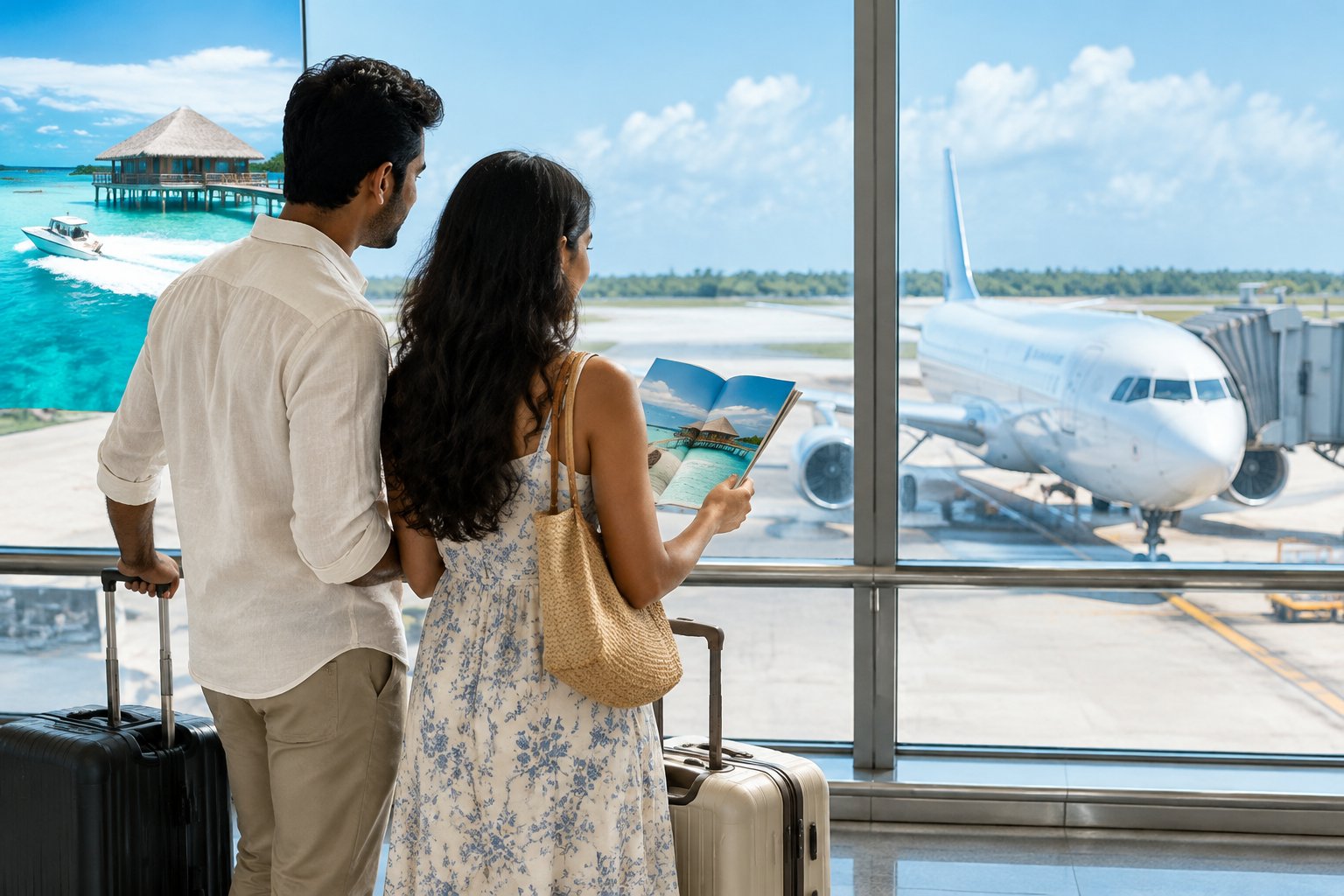A newlywed couple with luggage looks toward an airplane at an airport, with a tropical lagoon in the distance.