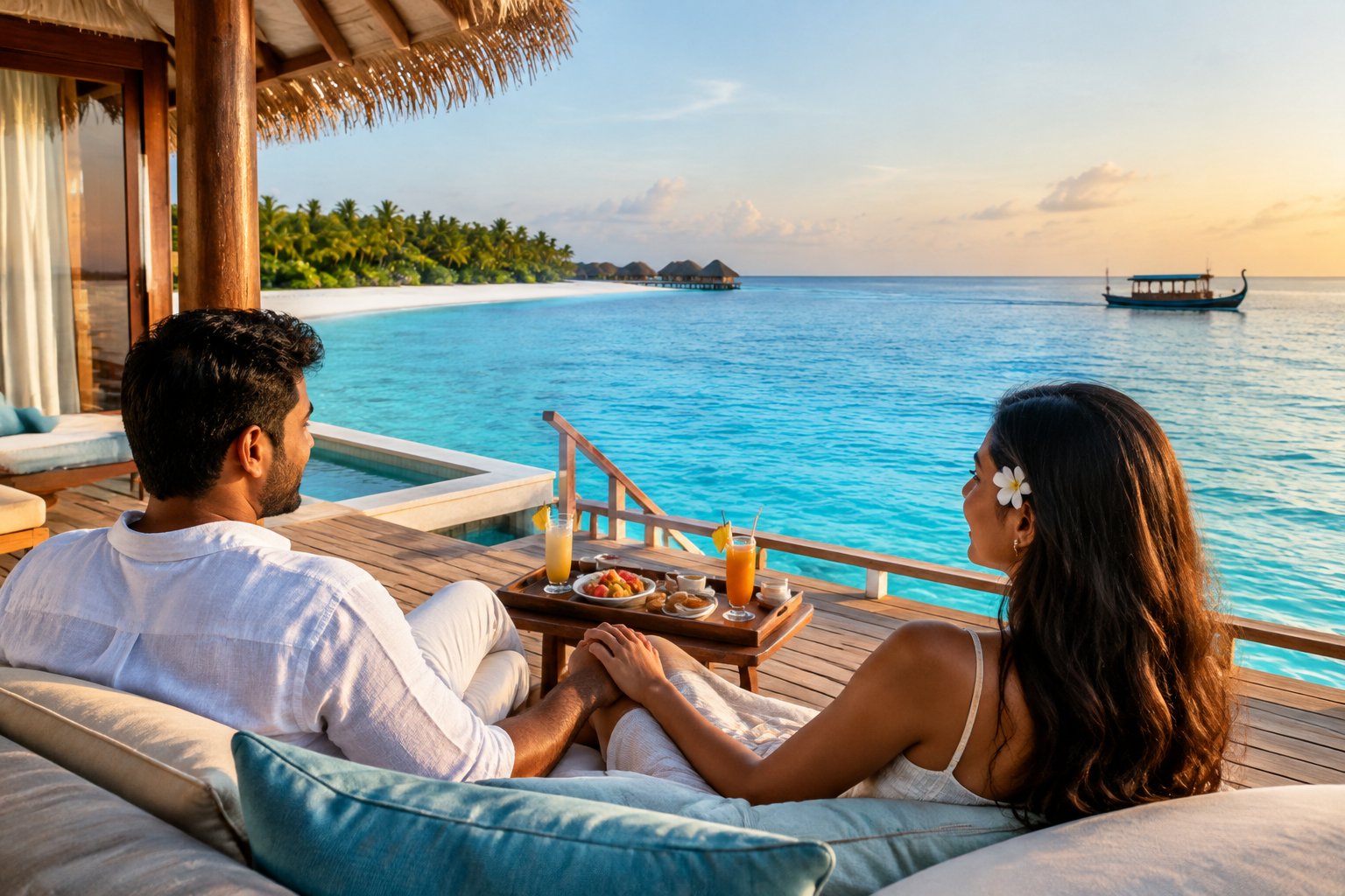A couple relaxes on an overwater villa deck overlooking a turquoise lagoon.