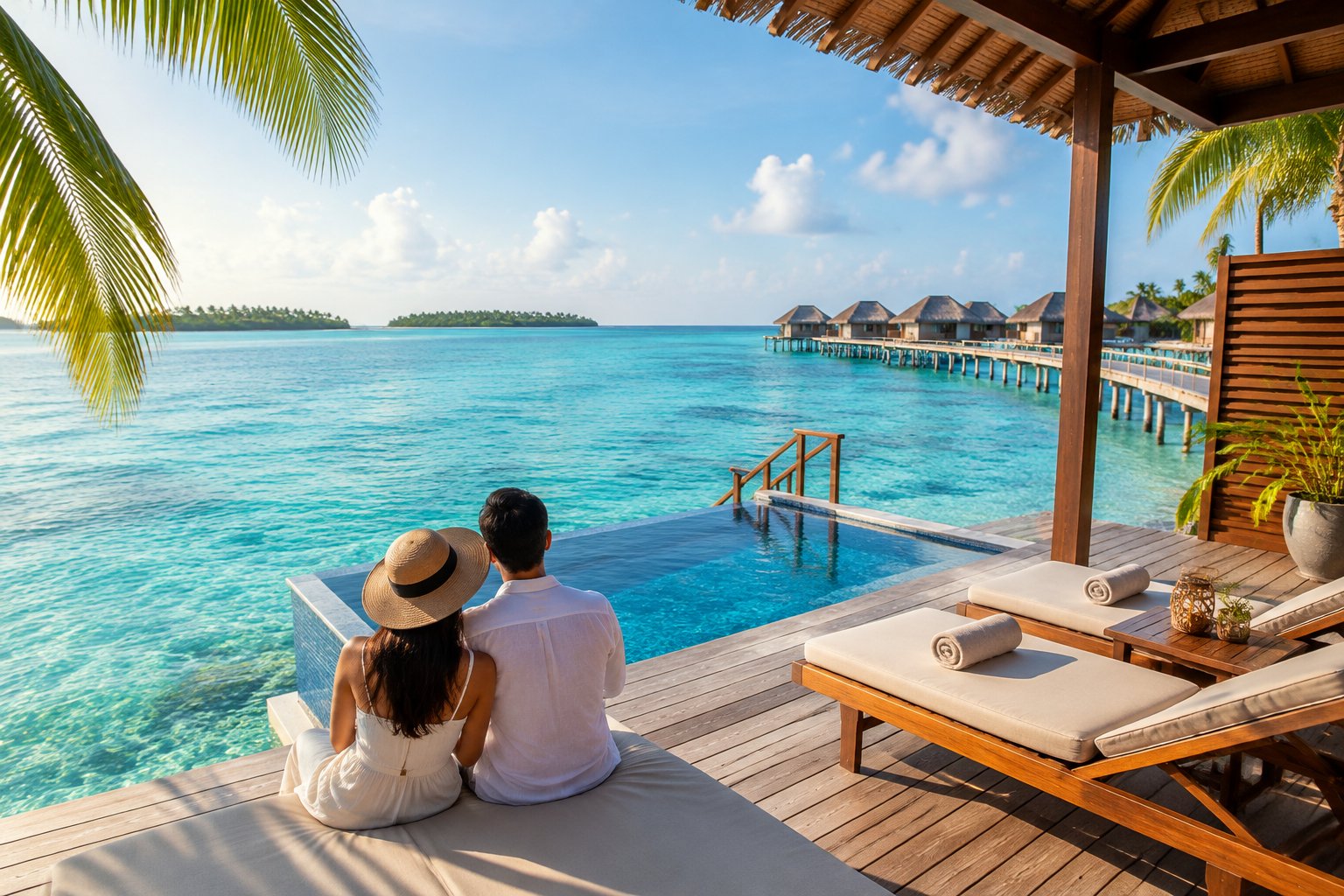 A couple looks across a turquoise lagoon from the deck of an overwater villa.