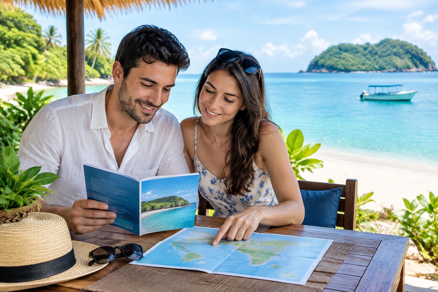 A couple reviews a travel map together at a tropical island beach.