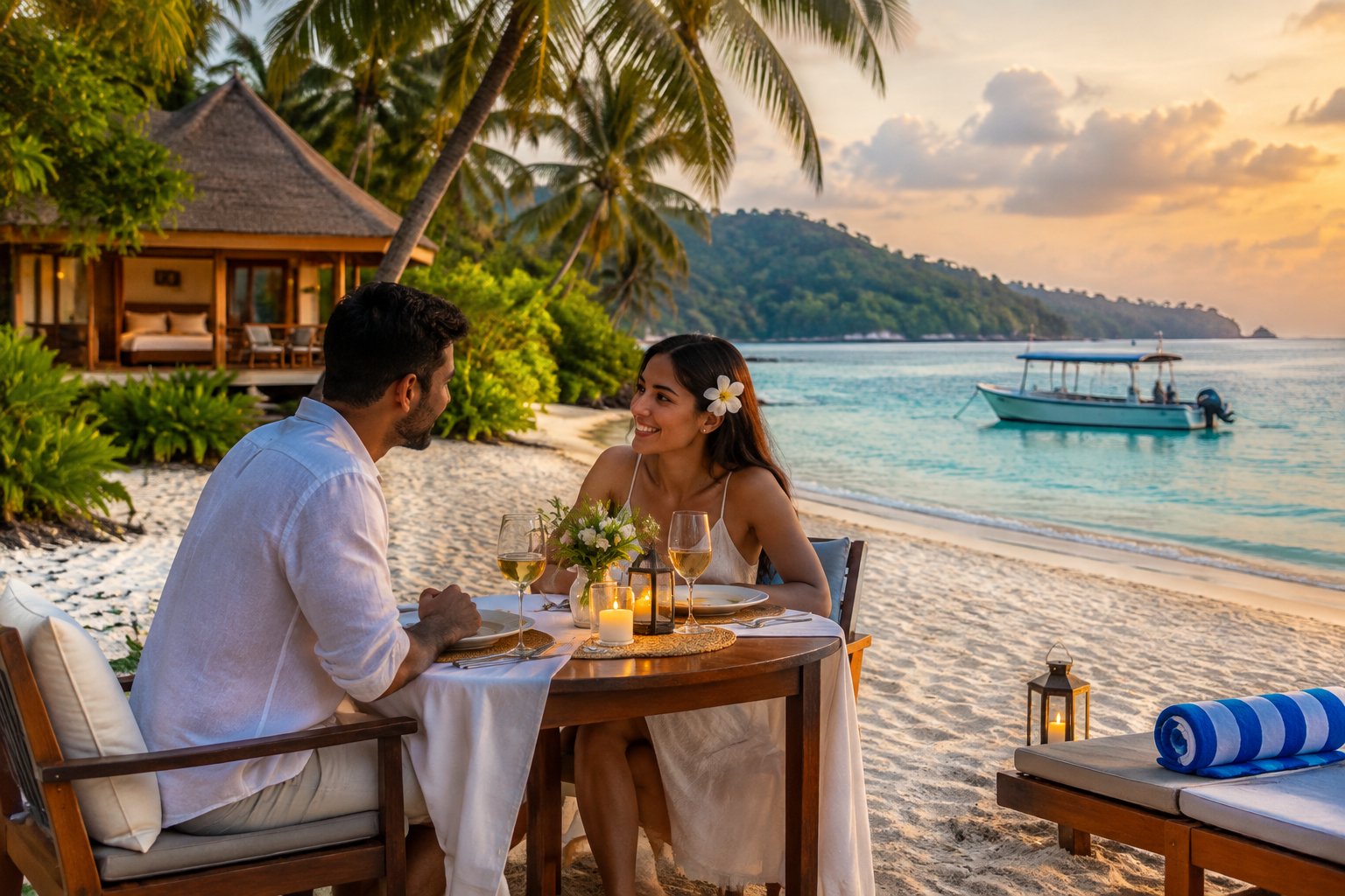 A newlywed couple shares a candlelit beach dinner beside turquoise water in the Andaman Islands.
