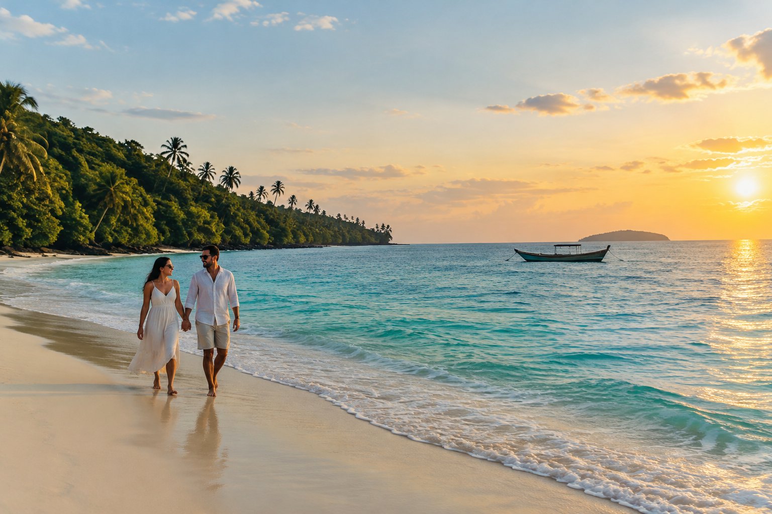A couple walks along a tropical beach beside clear turquoise water.