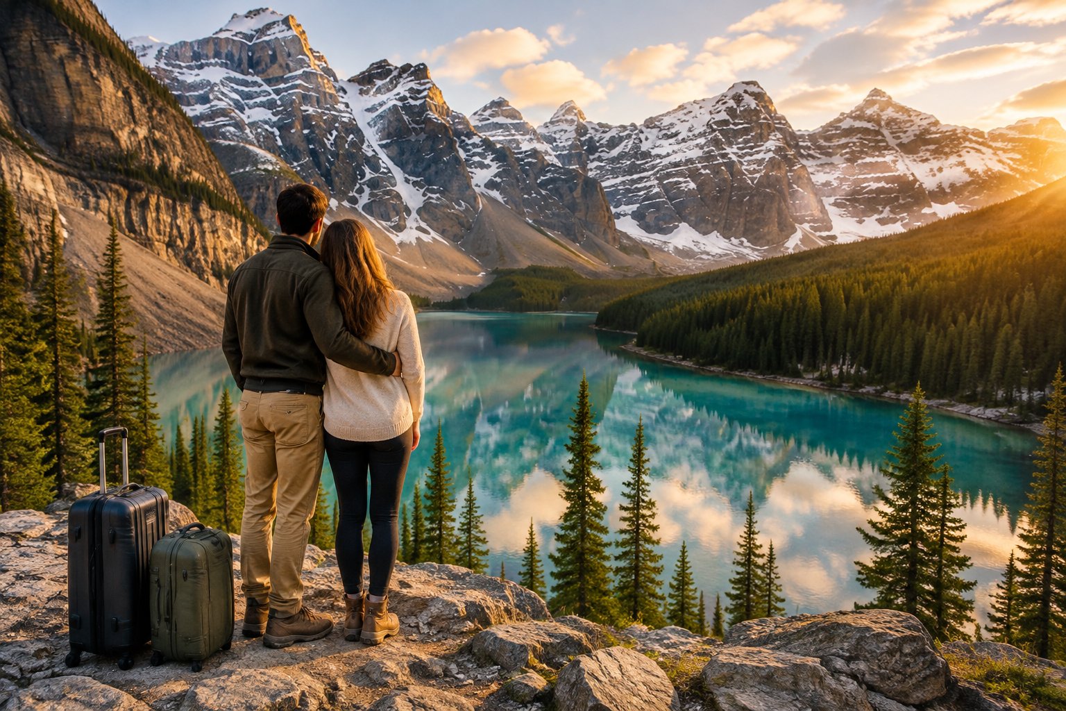 A newlywed couple looks out over a turquoise lake and snow-capped mountains.