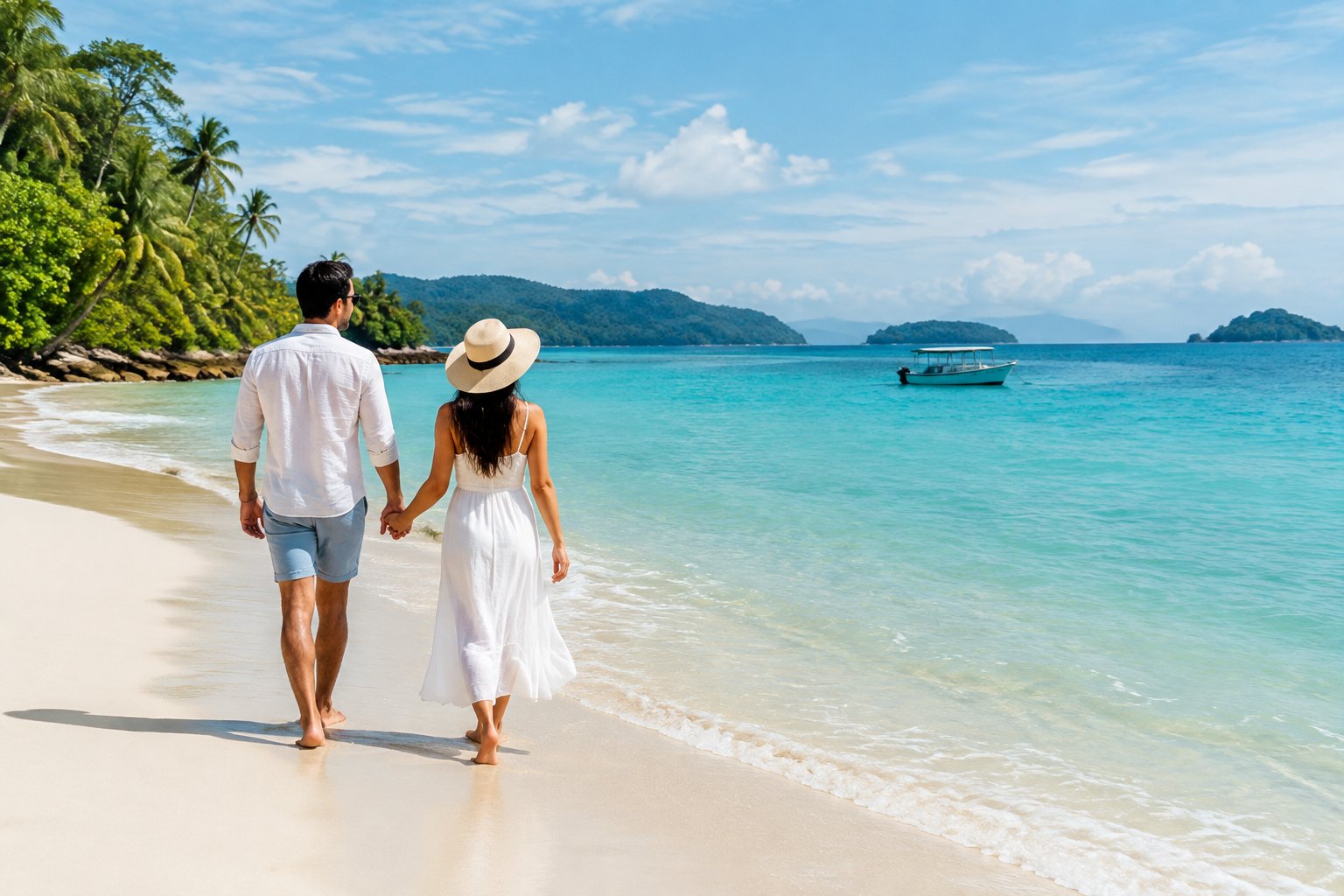 A couple walks together along a tropical beach in the Andaman Islands.