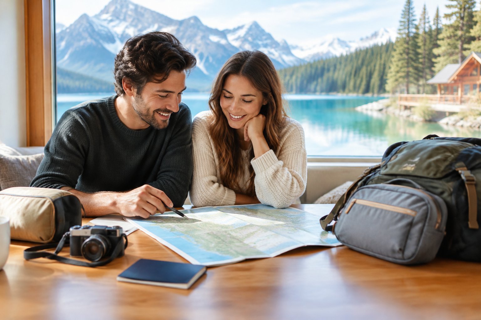 A newlywed couple plans a trip at a table overlooking a Canadian lake and mountains.