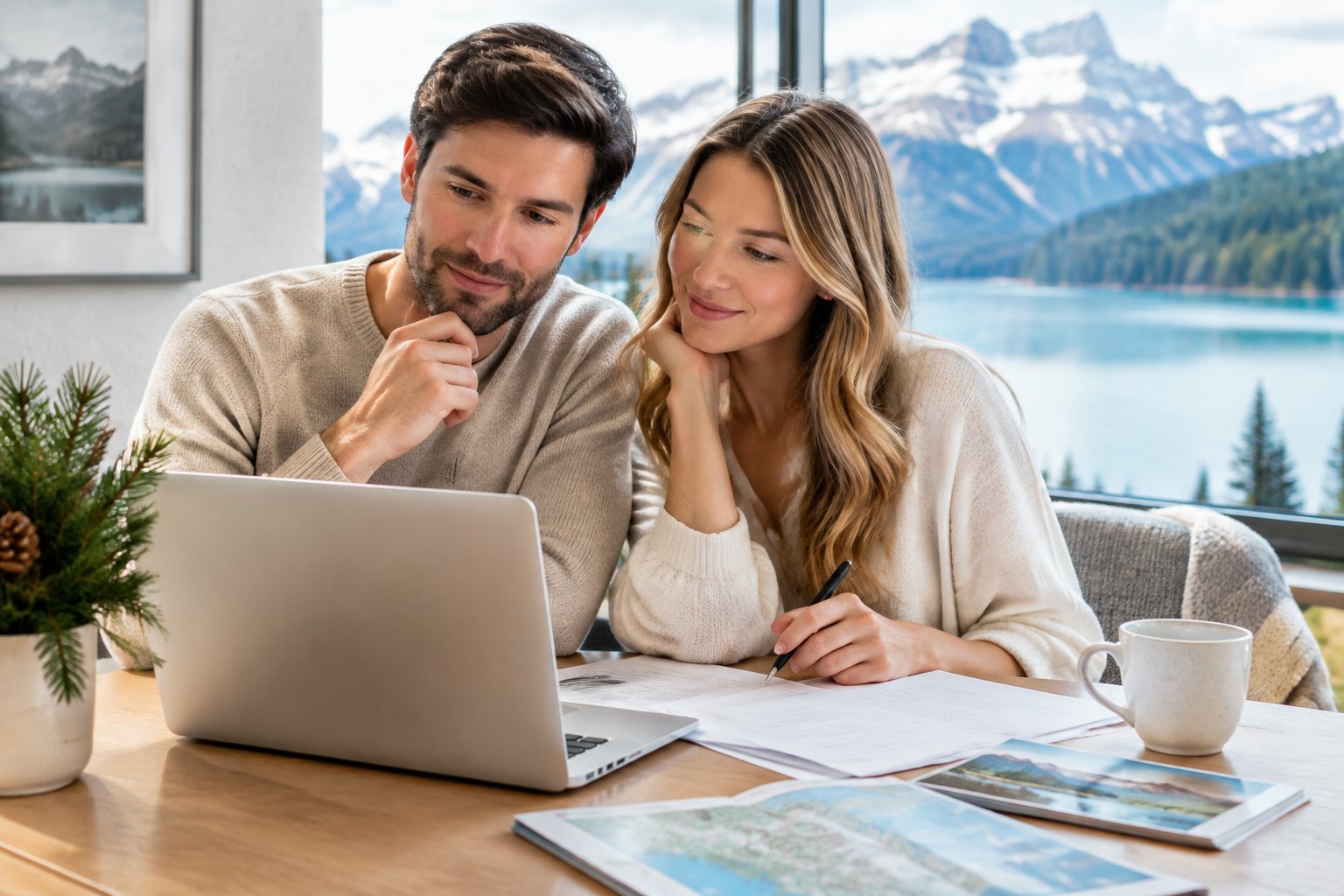 A newlywed couple reviews travel plans together at a desk.