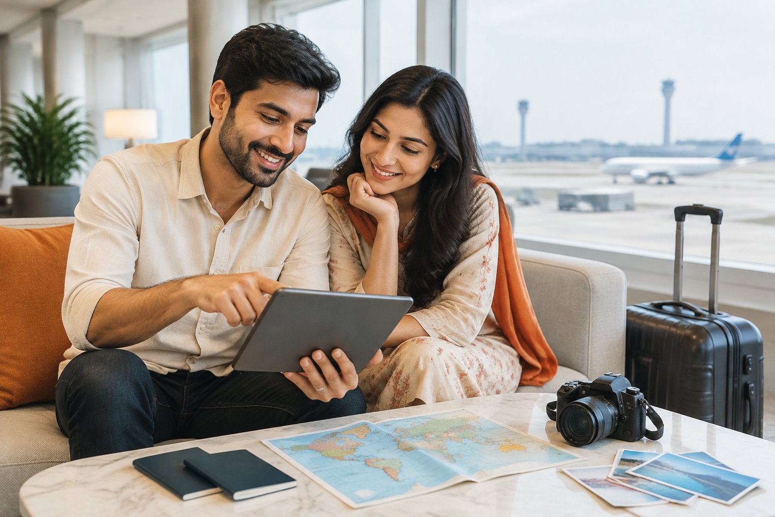 An Indian couple discusses honeymoon destinations at an airport lounge.
