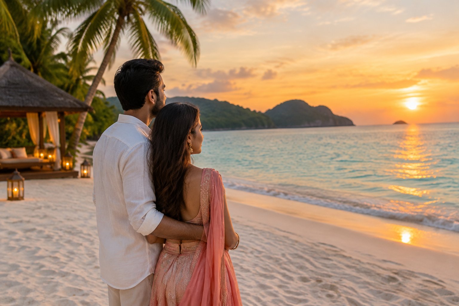 A couple stands together on a tropical beach, looking out at the sea.