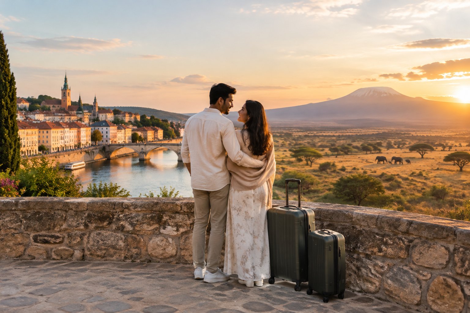 A newlywed couple admires European and African scenery from a scenic overlook.