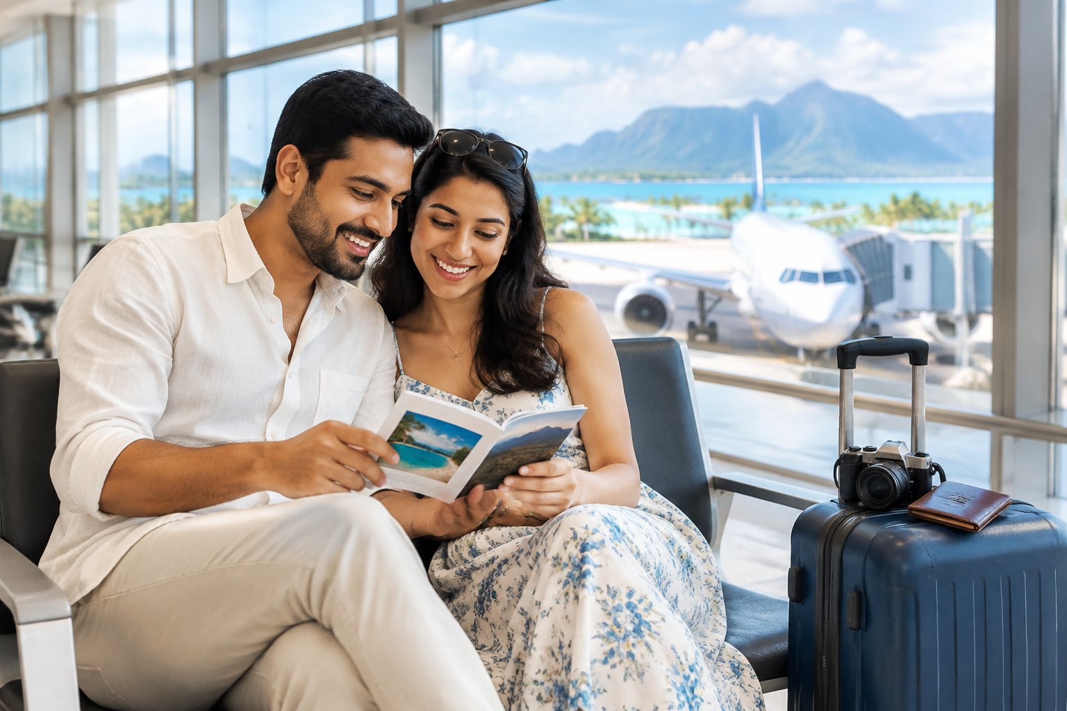 A newlywed couple reviews a travel itinerary beside their suitcase at an airport.