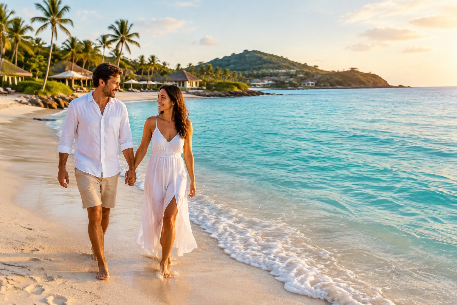 A newlywed couple walks together along a tropical beach.