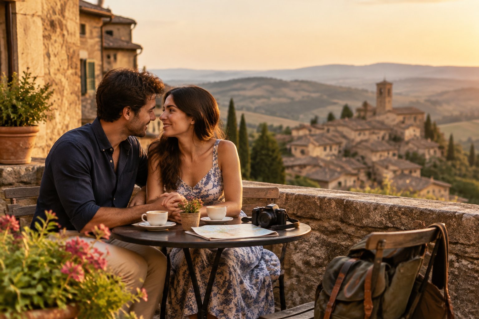 A newlywed couple holds hands at a hillside café overlooking a countryside village.