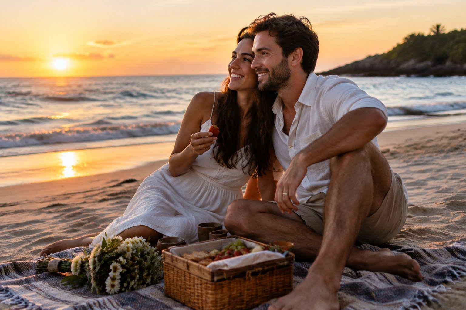 A newlywed couple shares a picnic on the beach at sunset.