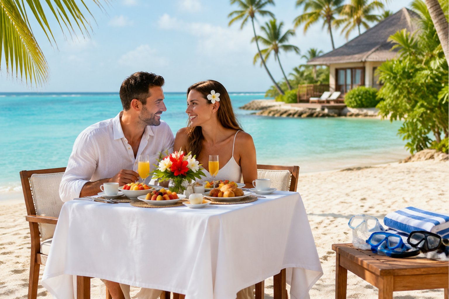 A couple shares a meal at a table on a tropical beach beside turquoise water.
