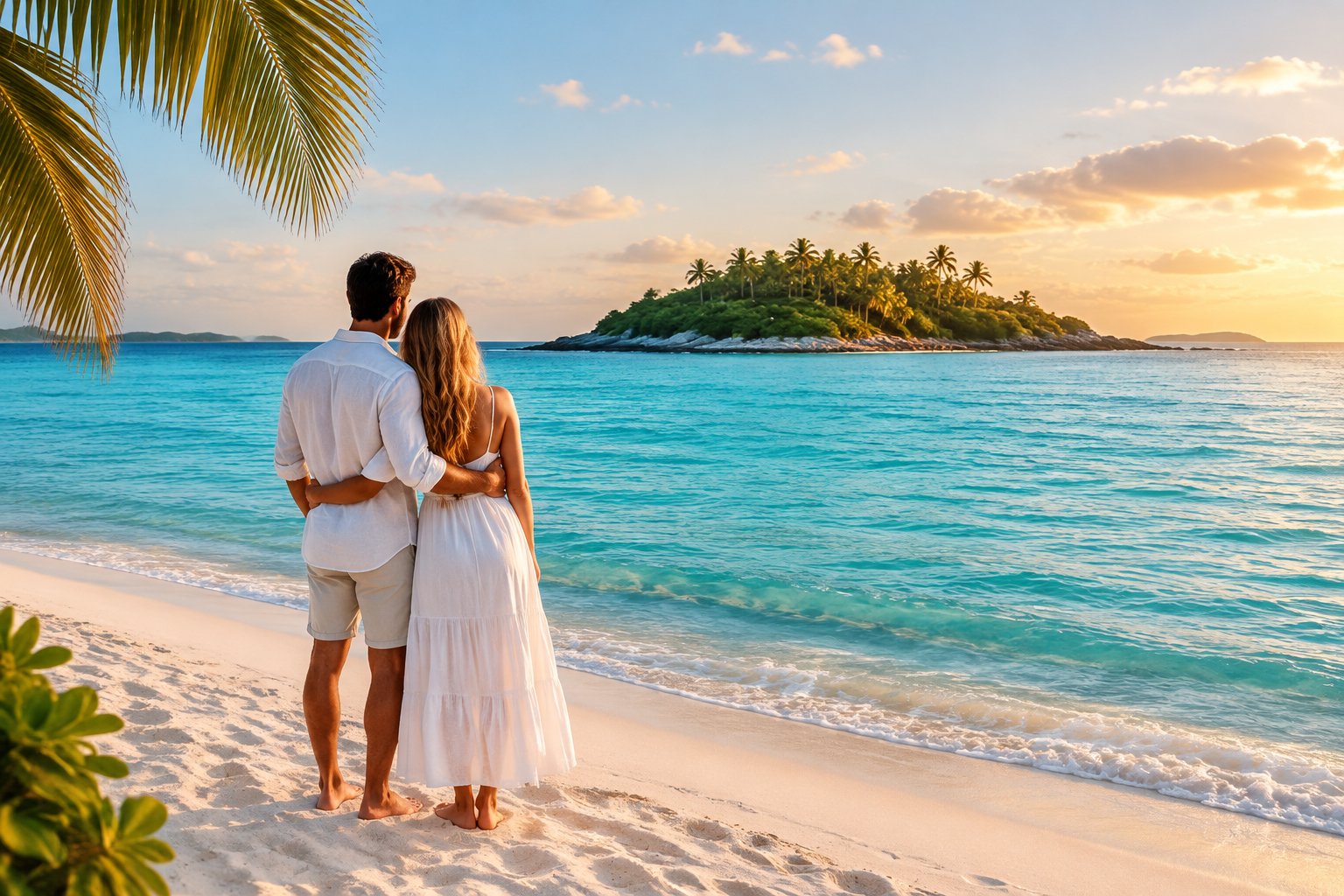 A newlywed couple stands on a sandy beach, looking toward a tropical island across turquoise water.