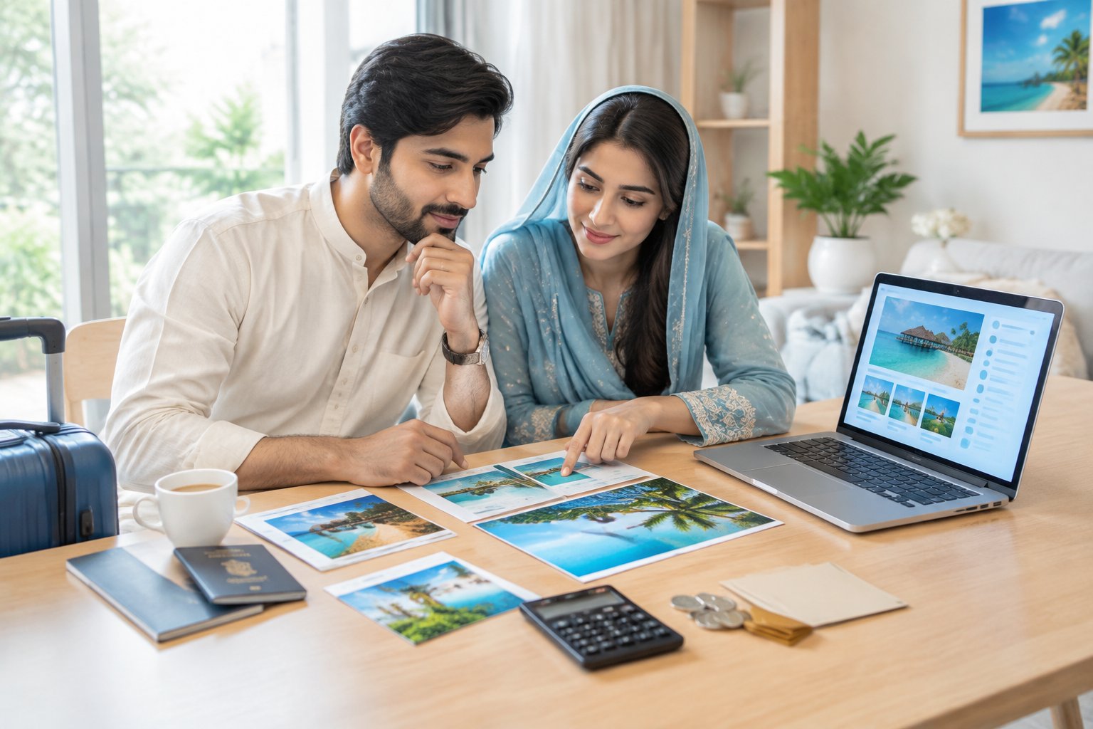 A newlywed couple compares travel options and plans their honeymoon budget at a desk.