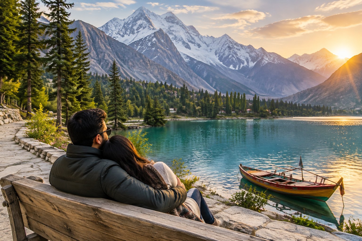 A couple stands beside a mountain lake beneath snow-capped peaks.
