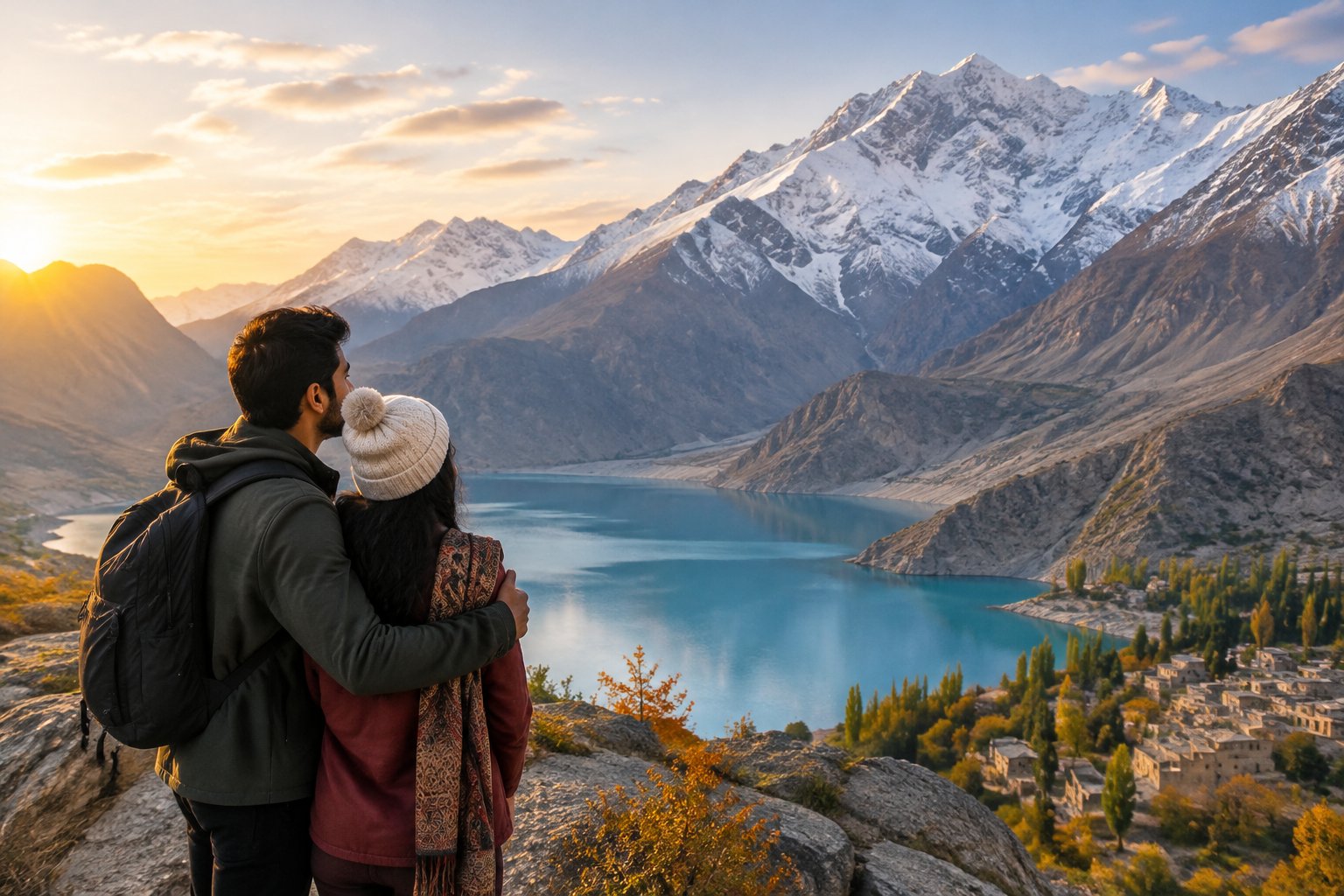 A couple admires a turquoise lake and snow-capped mountains in northern Pakistan.