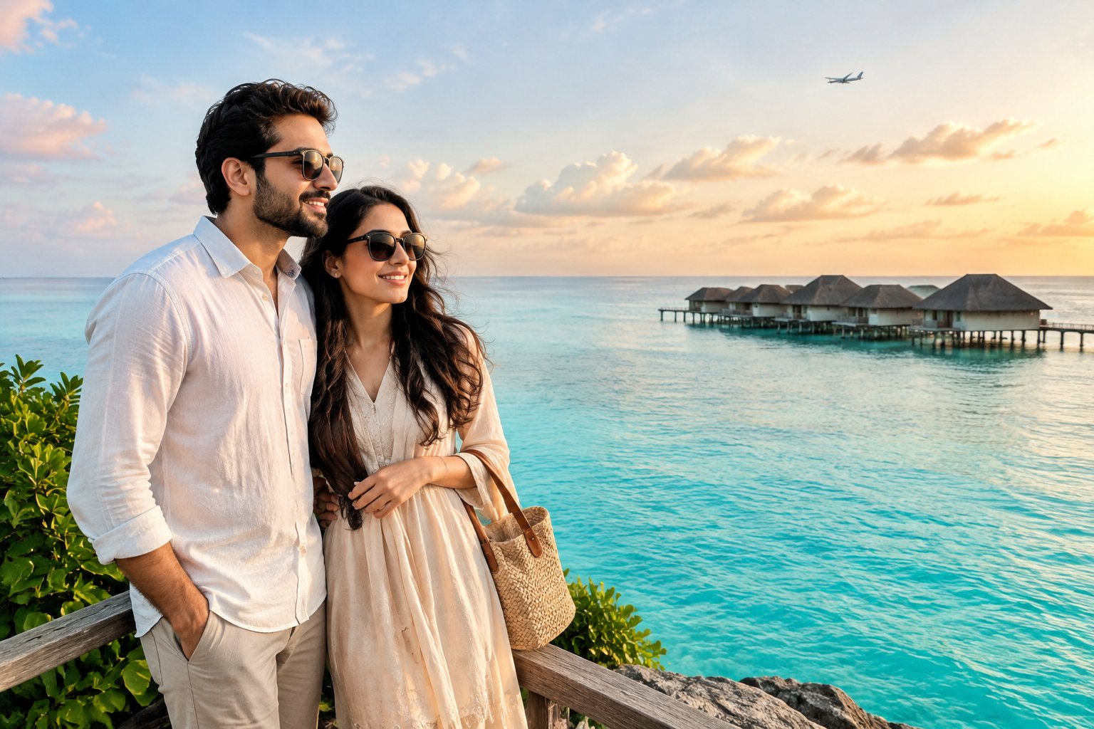 A newlywed couple looks out over a tropical ocean beside an overwater villa.