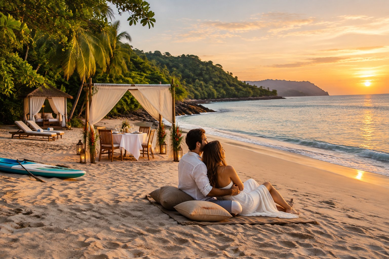 A newlywed couple shares a quiet moment on a tropical Costa Rican beach near a private dinner setup.