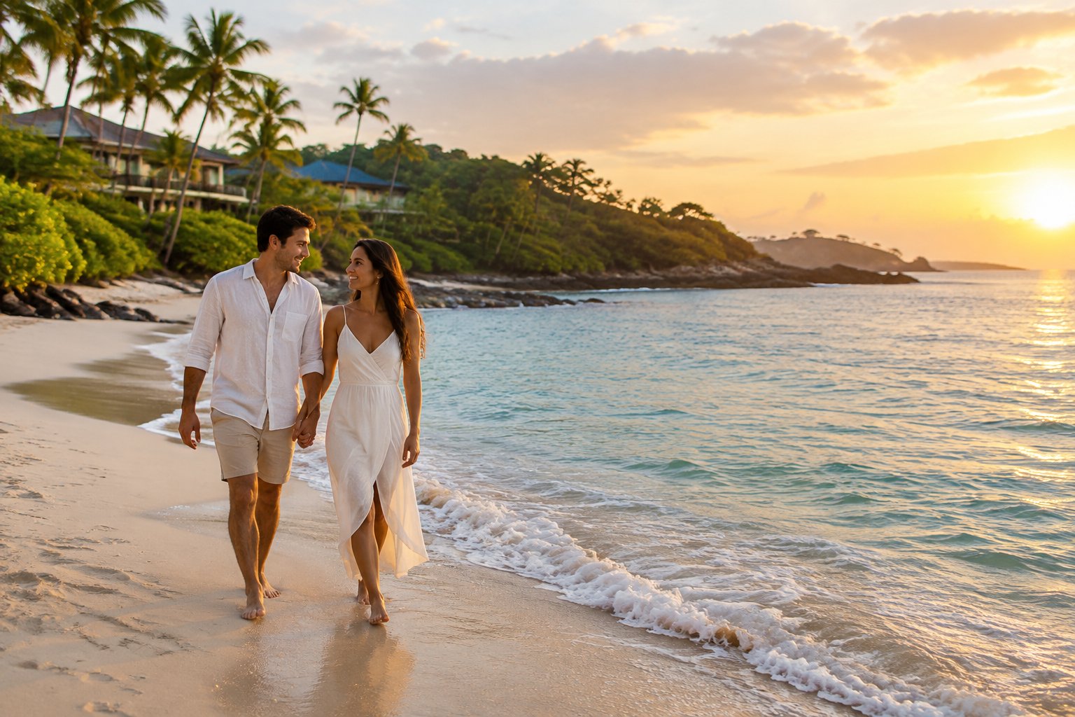 A couple walks hand in hand along a tropical Costa Rican beach.