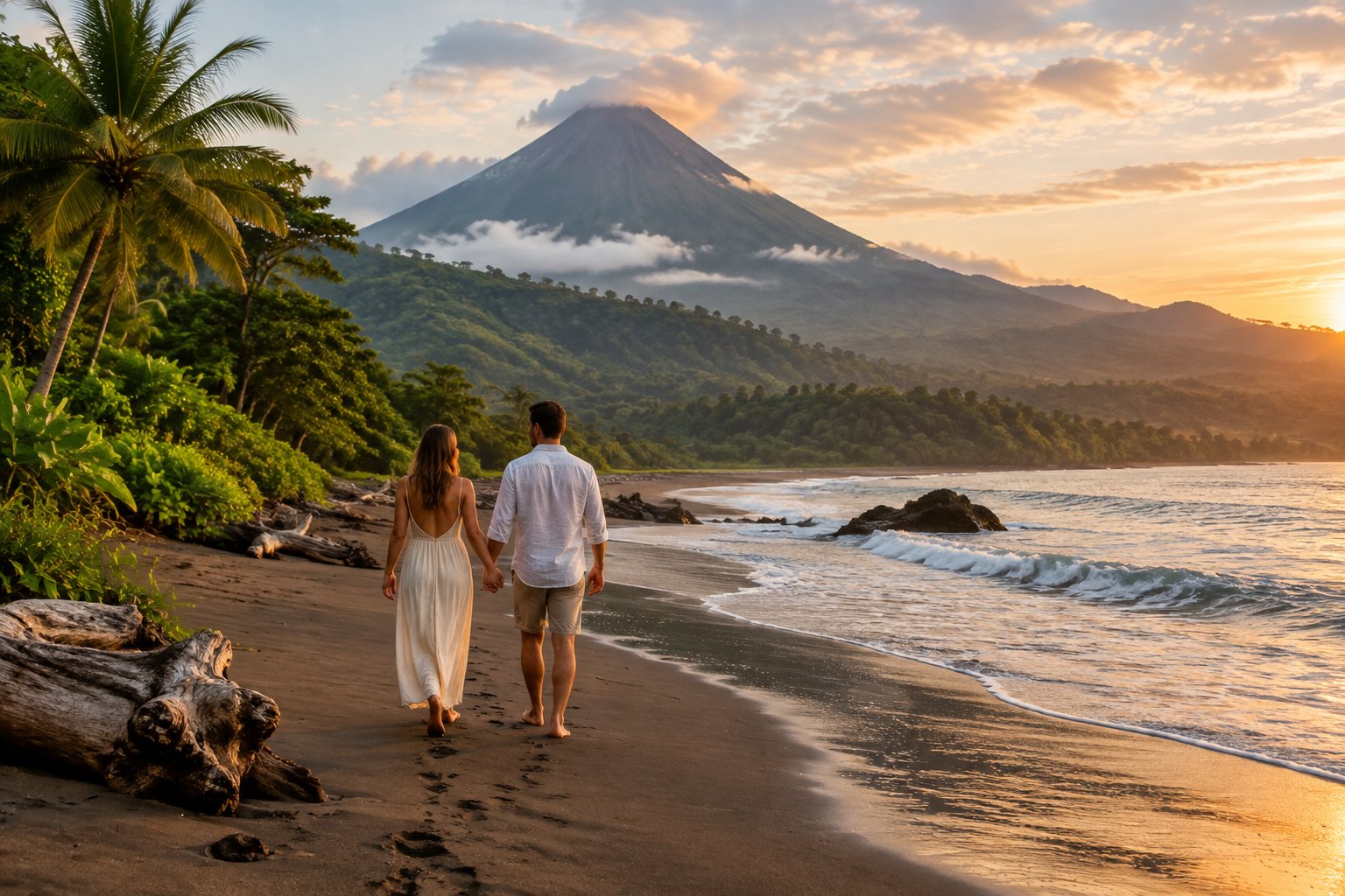A couple walks hand in hand along a tropical beach with a volcano and misty green mountains in the distance.