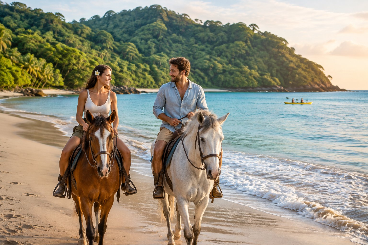 A newlywed couple rides horses along a tropical Costa Rican beach.