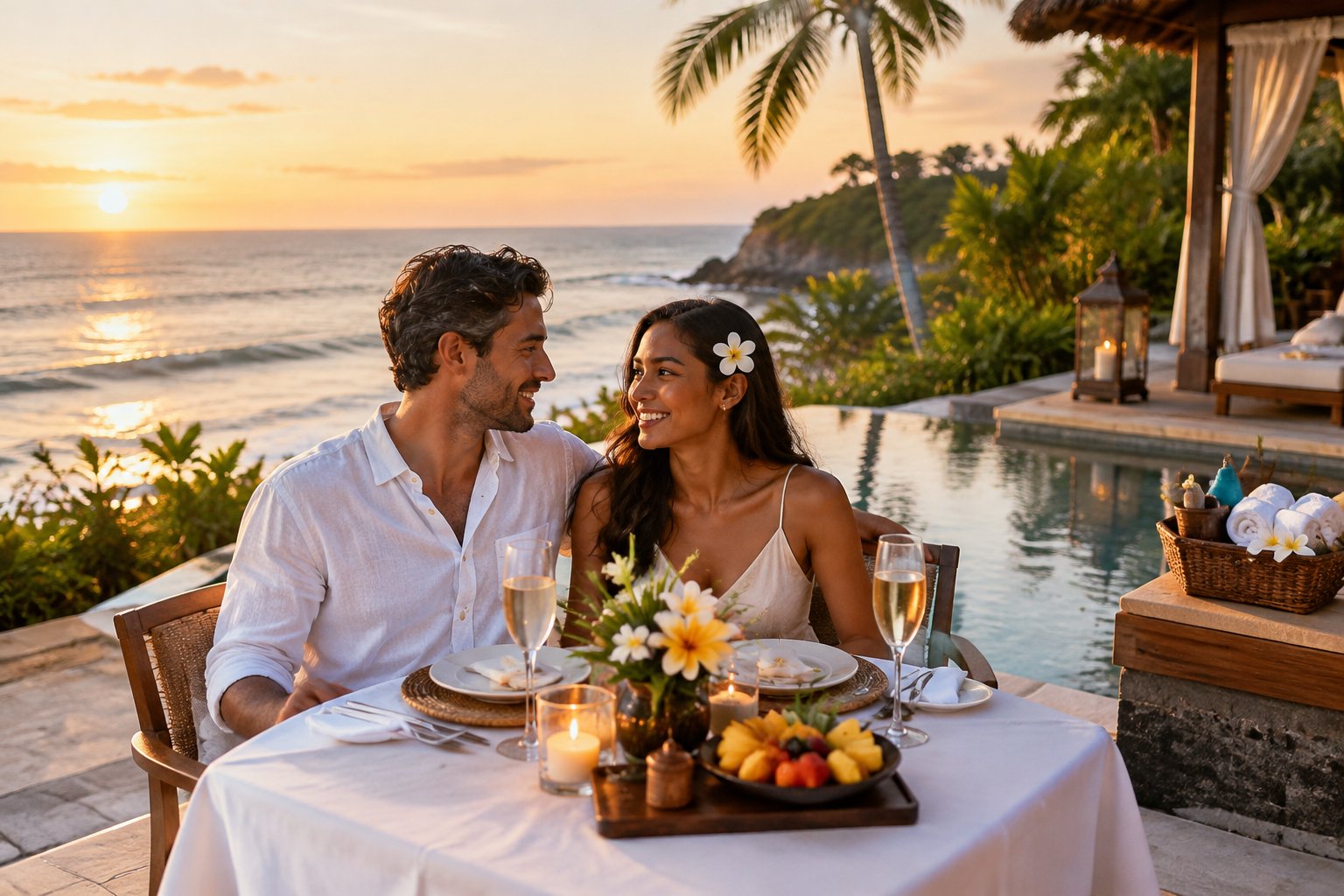 A couple shares a candlelit dinner beside a tropical beach resort in Bali.
