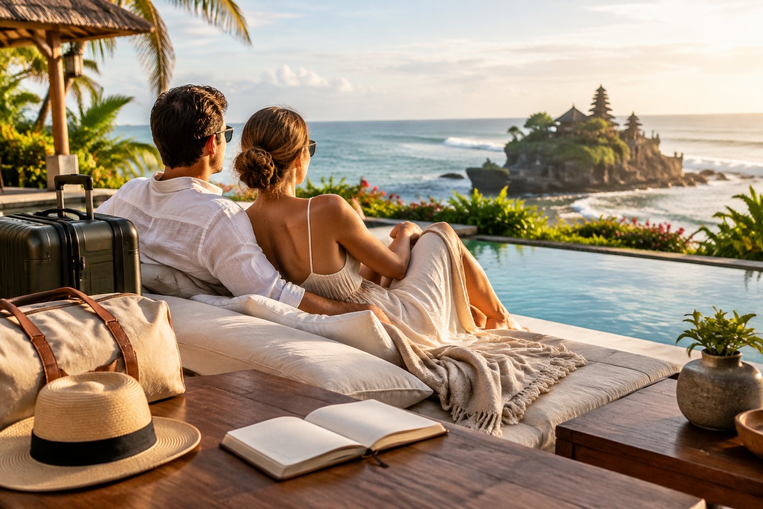 A honeymooning couple looks out over the ocean from a tropical Bali resort.