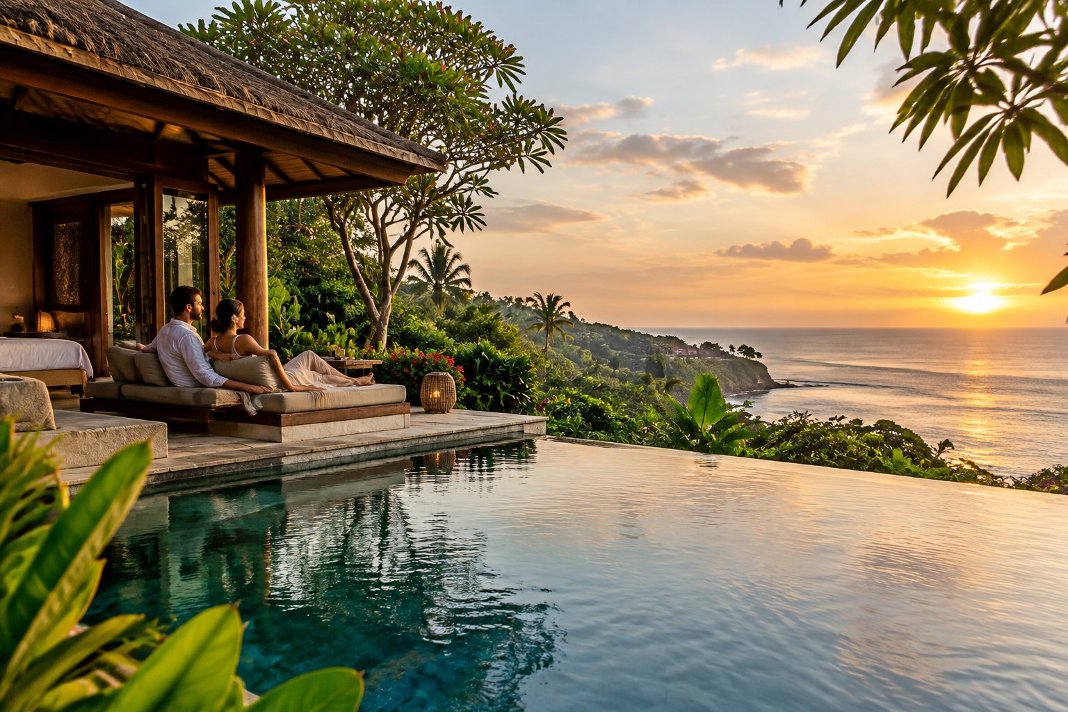 A newlywed couple relaxes on a tropical villa terrace overlooking an infinity pool and the ocean.