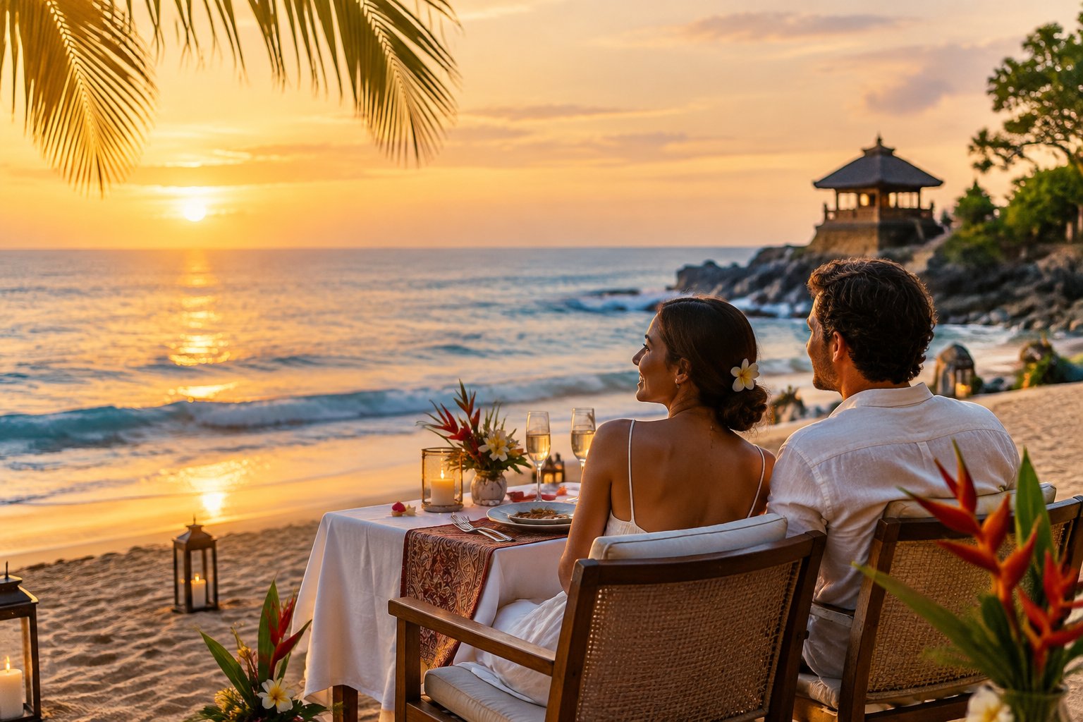 A couple shares a sunset dinner on a Bali beach.
