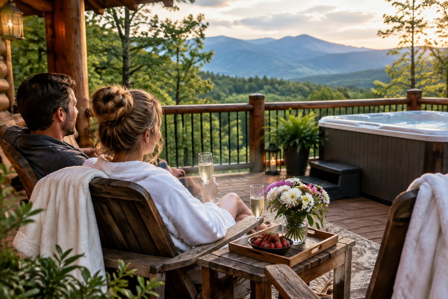 A newlywed couple relaxes on a cabin deck with flowers, refreshments, and a mountain view.