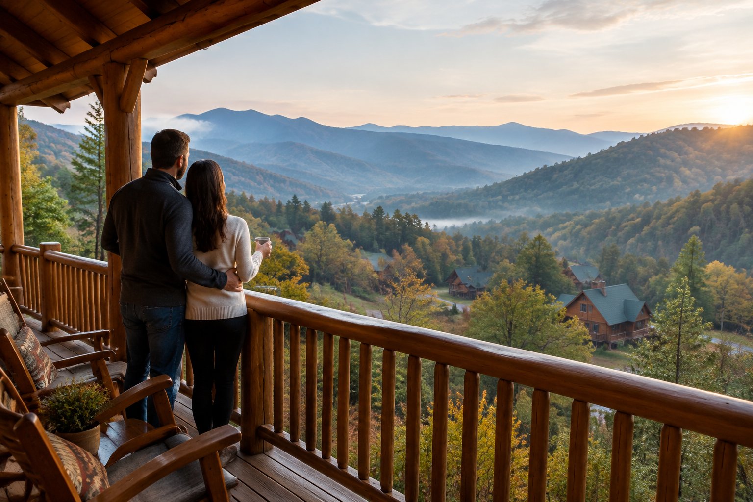 A couple looks out from a cabin porch toward the forested Smoky Mountains.