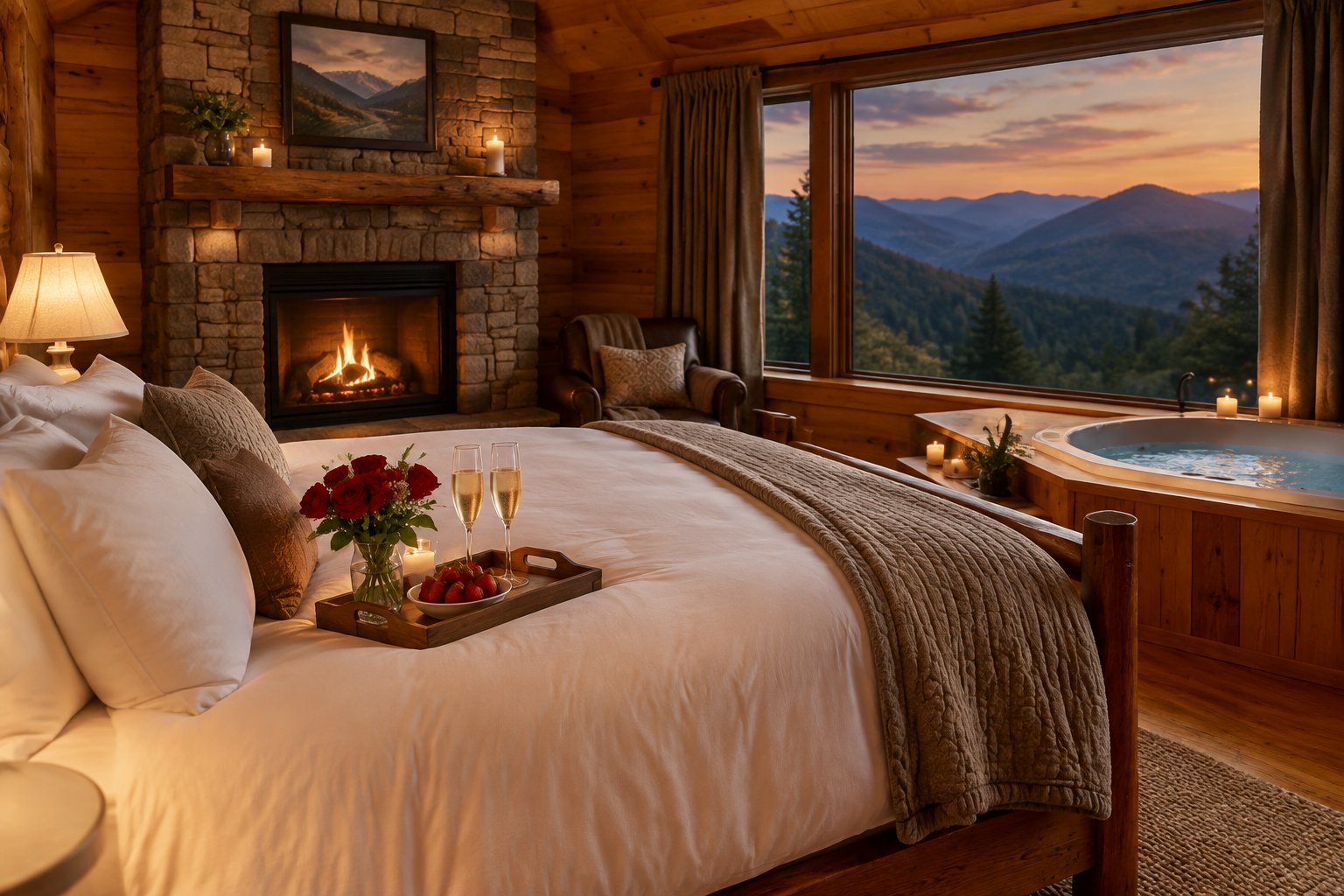 A romantic cabin bedroom with a fireplace, roses, champagne, and a whirlpool tub overlooking the mountains.